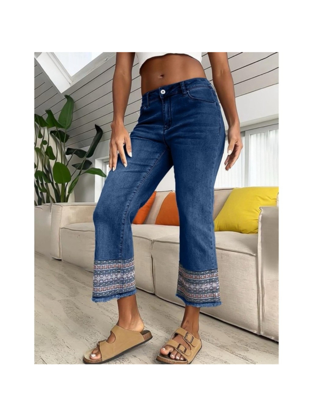 Flamingals Straight Leg Jeans for Women Low Rise Cropped Jeans Wash Embroidery M